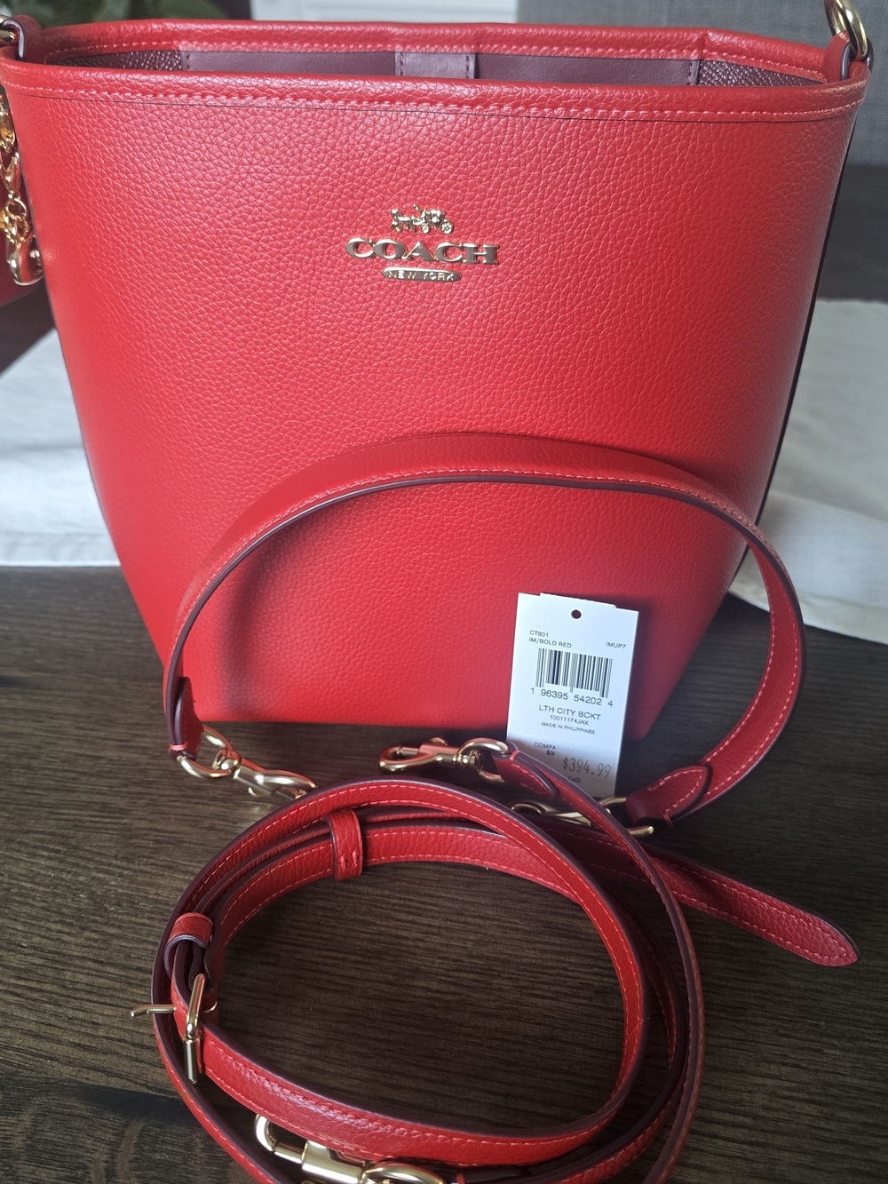 Coach Red Pebble Leather Bucket Bag with Adjustable Strap